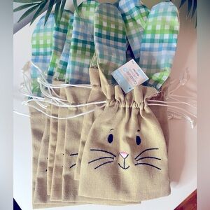 Kids Easter Bunny Gift Bags - Tan Burlap & Green Plaid Ears with Drawstring,